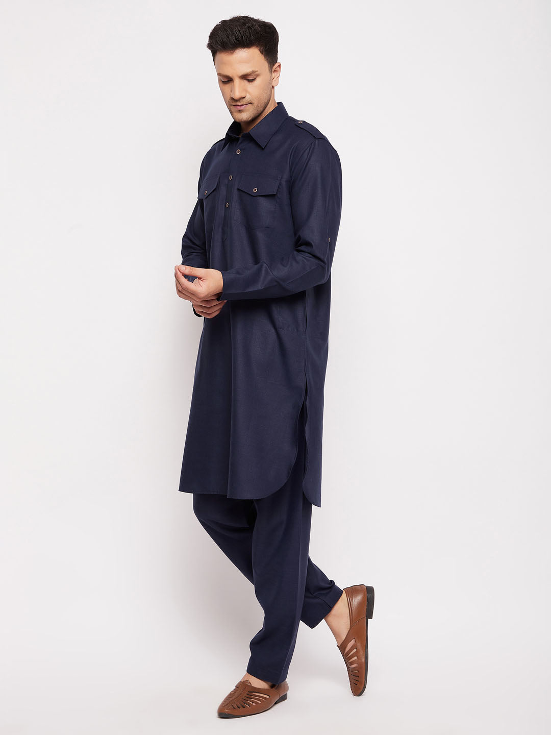 Men's Blue Cotton Blend Pathani Kurta Pyjama Set