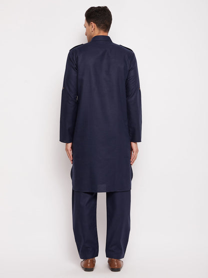 Men's Blue Cotton Blend Pathani Kurta Pyjama Set