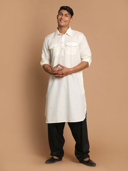 Men's Cream Cotton Blend Pathani Pathani Kurta Set