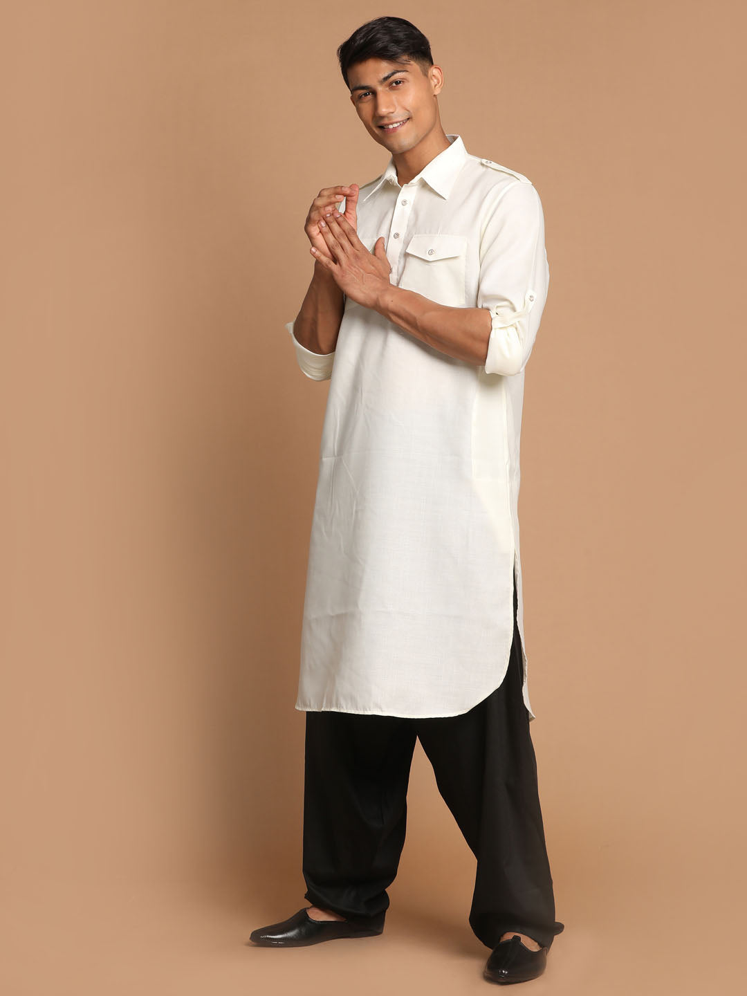 Men's Cream Cotton Blend Pathani Pathani Kurta Set