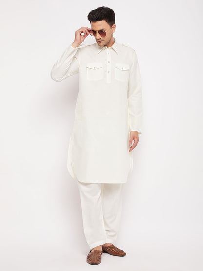 Men's Cream Cotton Blend Pathani Kurta Pyjama Set