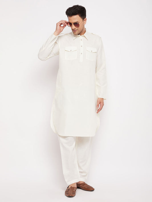Men's Cream Cotton Blend Pathani Kurta Pyjama Set