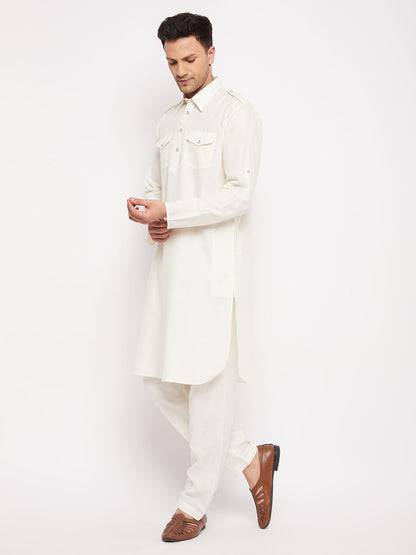 Men's Cream Cotton Blend Pathani Kurta Pyjama Set