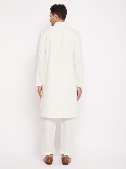 Men's Cream Cotton Blend Pathani Kurta Pyjama Set
