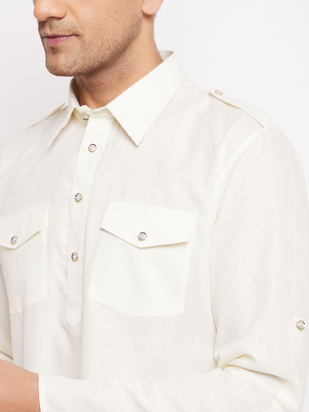Men's Cream Cotton Blend Pathani Kurta Pyjama Set