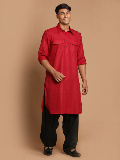 Men's Maroon Cotton Blend Pathani Pathani Kurta Set