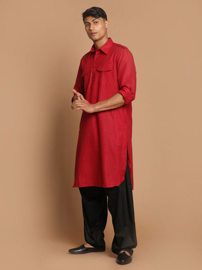 Men's Maroon Cotton Blend Pathani Pathani Kurta Set