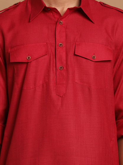 Men's Maroon Cotton Blend Pathani Pathani Kurta Set