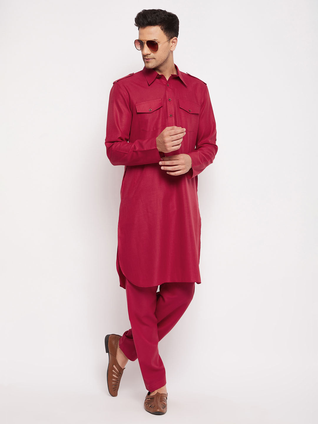Men's Maroon Cotton Blend Pathani Kurta Pyjama Set