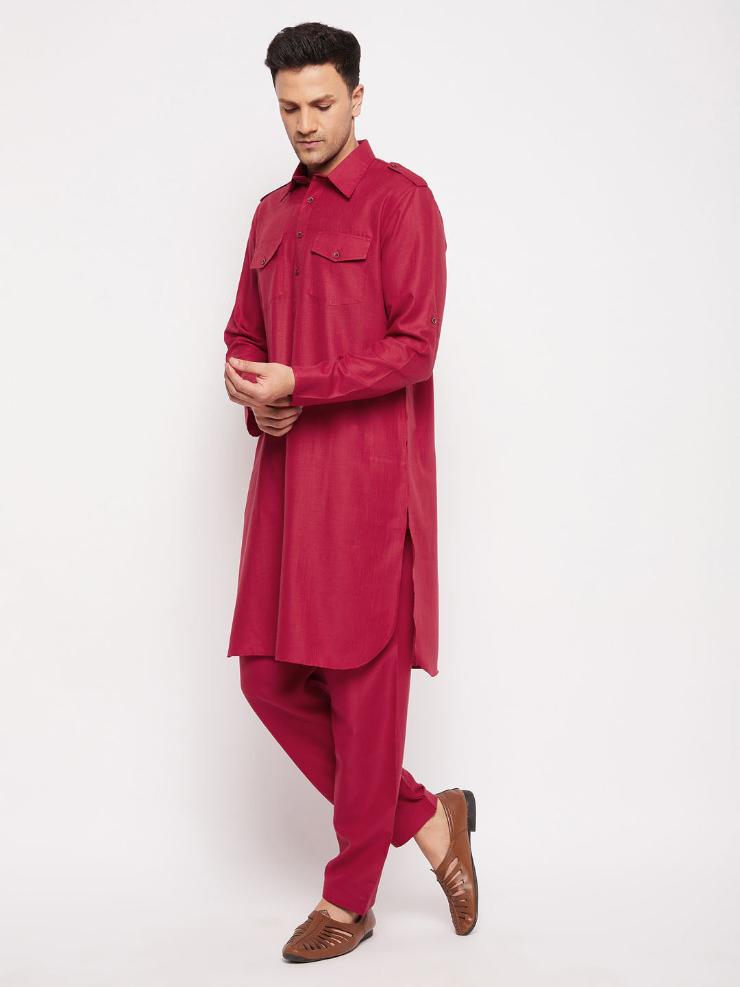 Men's Maroon Cotton Blend Pathani Kurta Pyjama Set