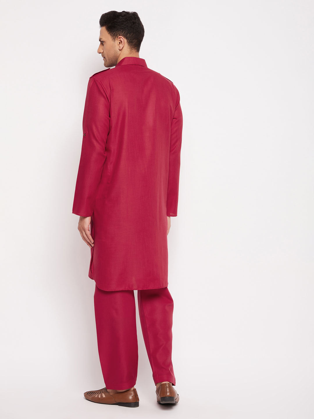 Men's Maroon Cotton Blend Pathani Kurta Pyjama Set