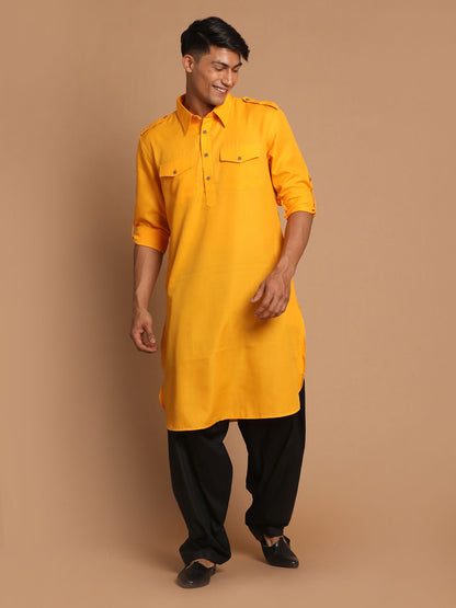 Men's Mustard Cotton Blend Pathani Pathani Kurta Set