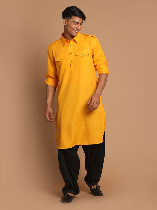 Men's Mustard Cotton Blend Pathani Pathani Kurta Set