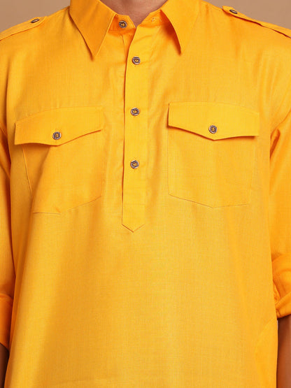 Men's Mustard Cotton Blend Pathani Pathani Kurta Set