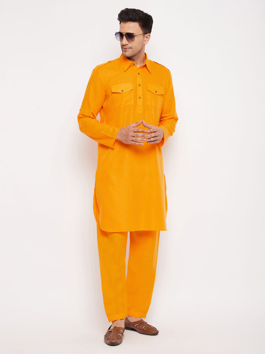 Men's Mustard Cotton Blend Pathani Kurta Pyjama Set