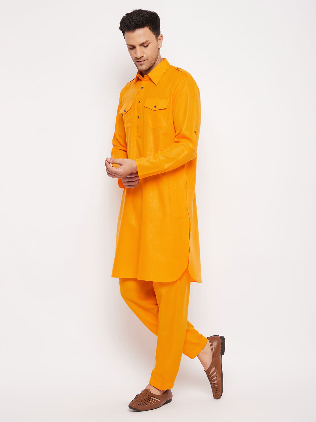 Men's Mustard Cotton Blend Pathani Kurta Pyjama Set