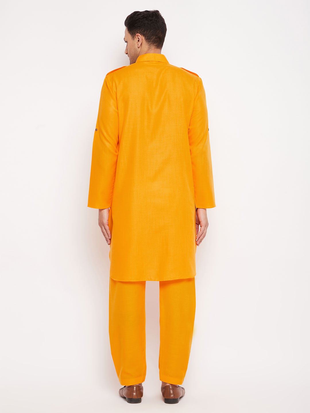 Men's Mustard Cotton Blend Pathani Kurta Pyjama Set