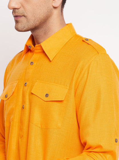Men's Mustard Cotton Blend Pathani Kurta Pyjama Set