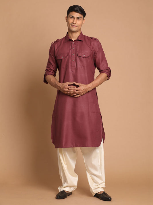 Men's Purple Cotton Blend Pathani Pathani Kurta Set