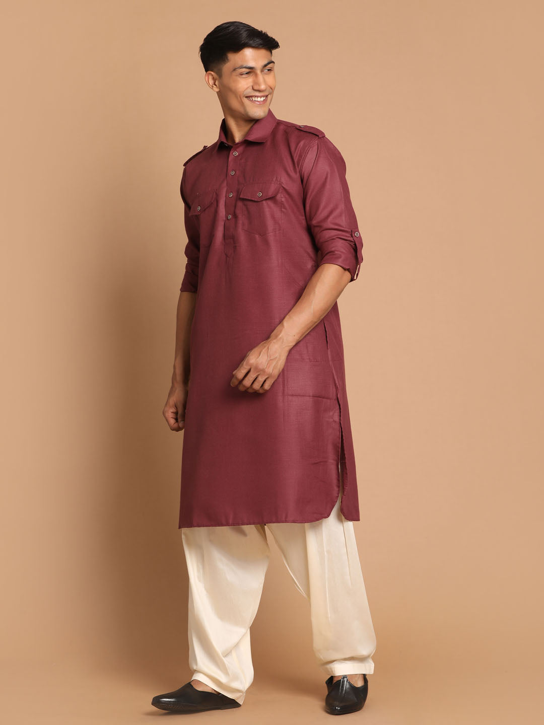 Men's Purple Cotton Blend Pathani Pathani Kurta Set