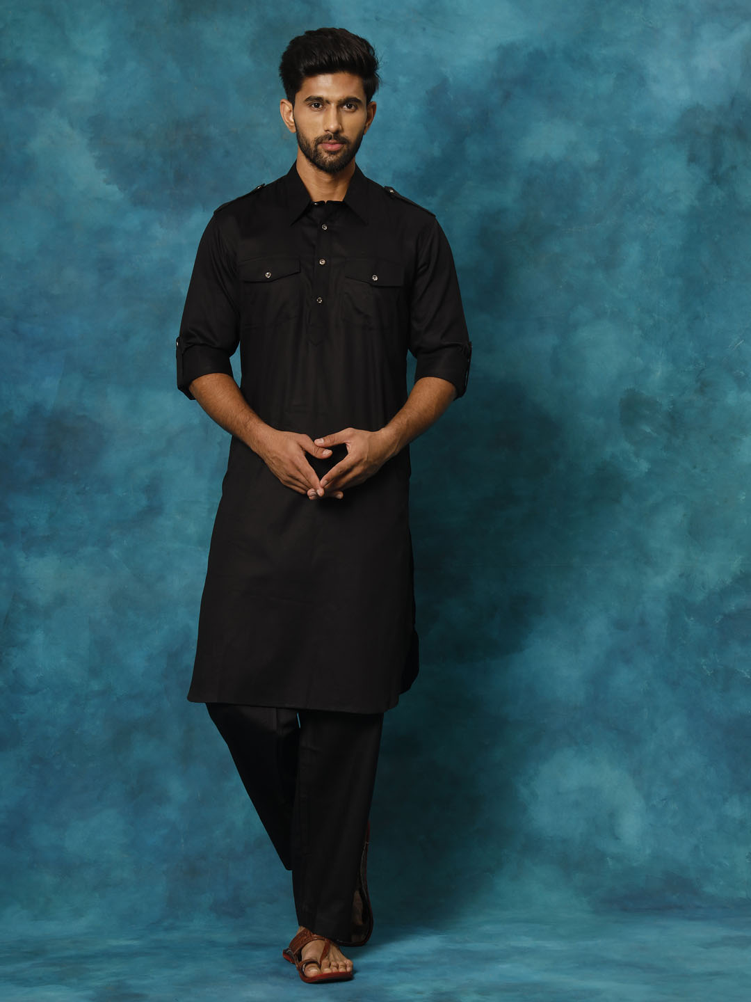 Men's Black Cotton Blend Pathani Pathani Kurta Set