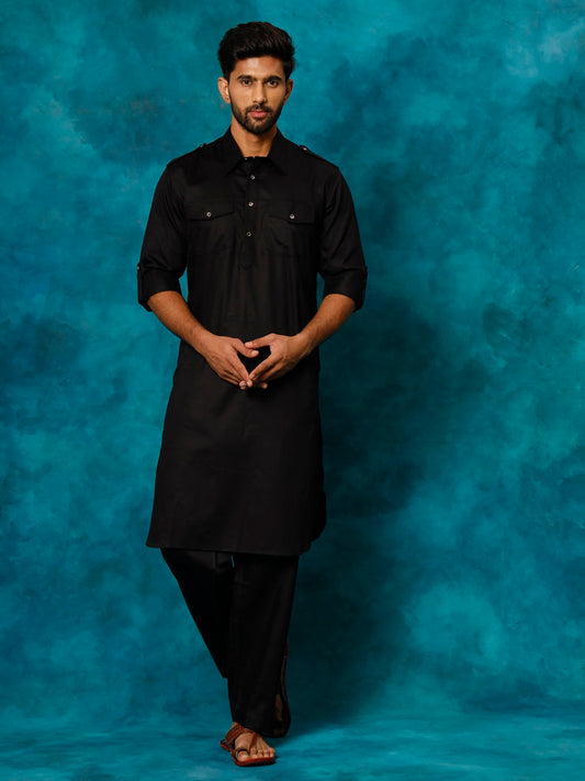 Men's Black Cotton Blend Pathani Pathani Kurta Set