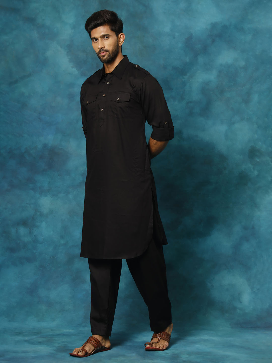 Men's Black Cotton Blend Pathani Pathani Kurta Set