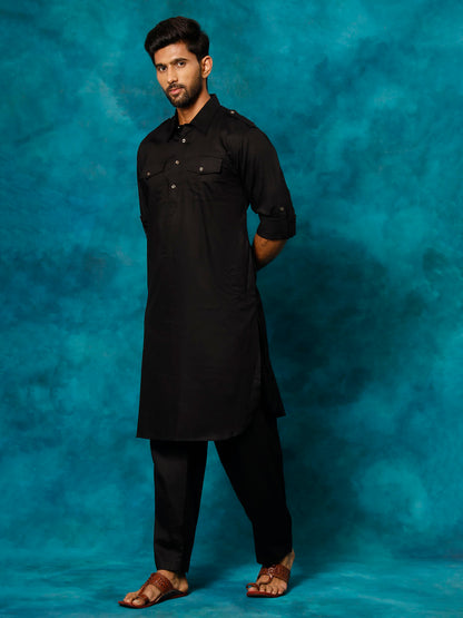 Men's Black Cotton Blend Pathani Pathani Kurta Set