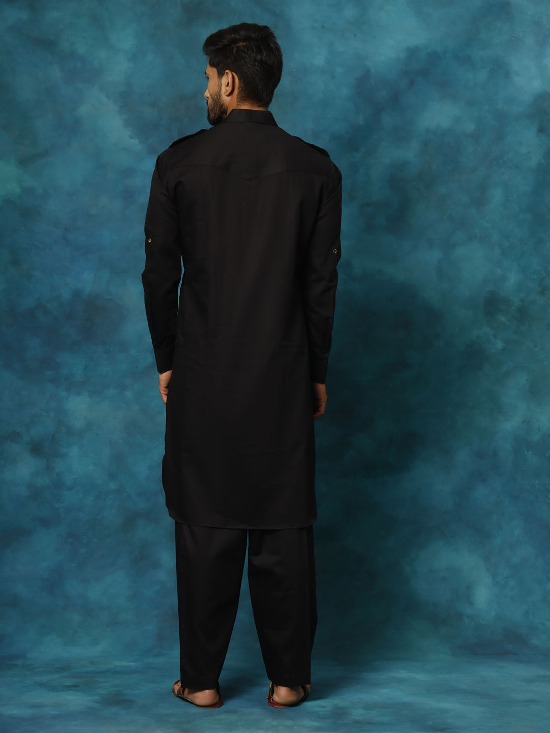 Men's Black Cotton Blend Pathani Pathani Kurta Set