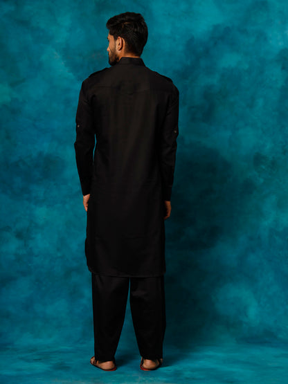 Men's Black Cotton Blend Pathani Pathani Kurta Set