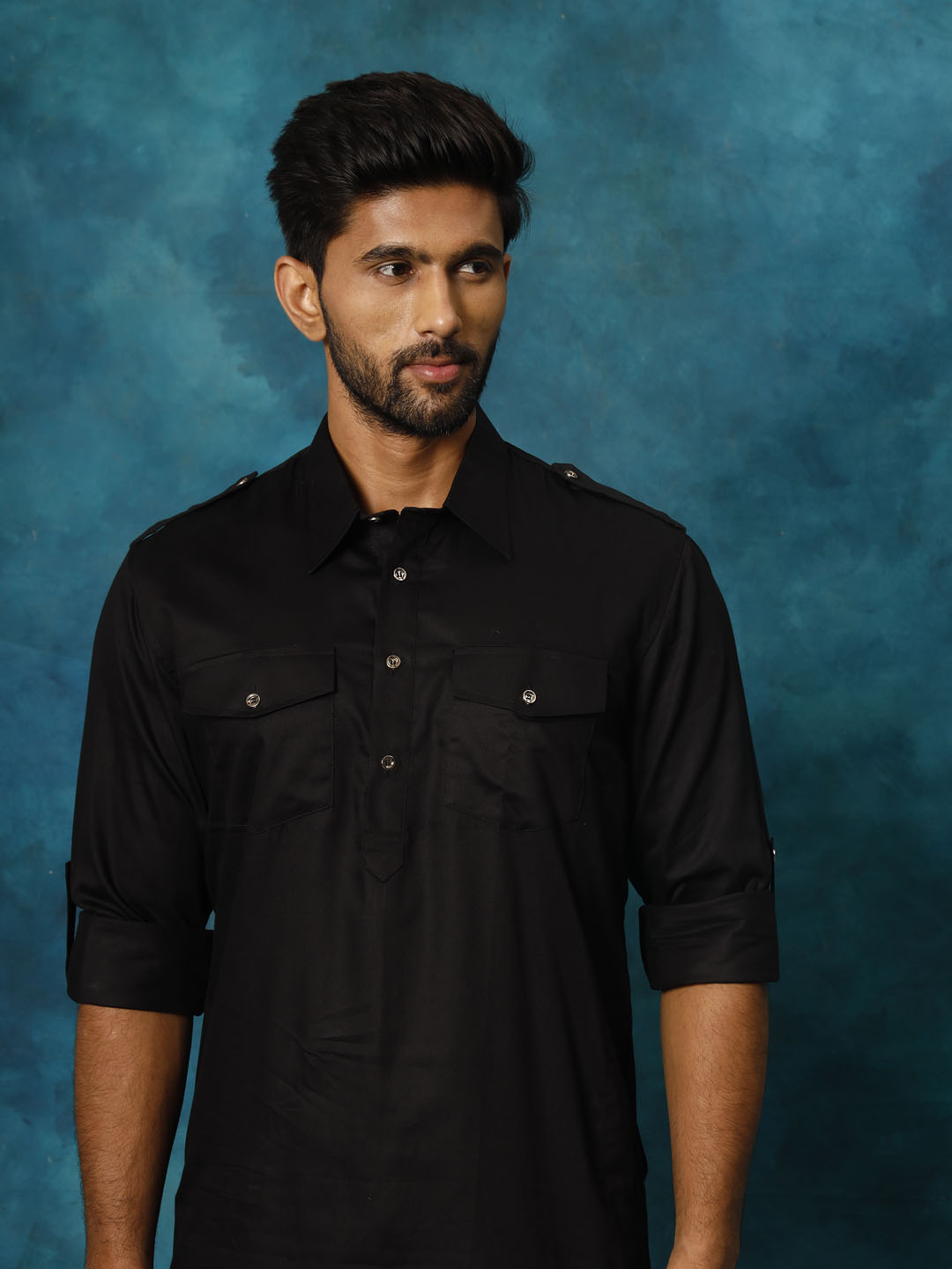 Men's Black Cotton Blend Pathani Pathani Kurta Set