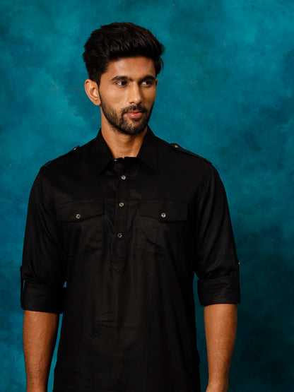 Men's Black Cotton Blend Pathani Pathani Kurta Set