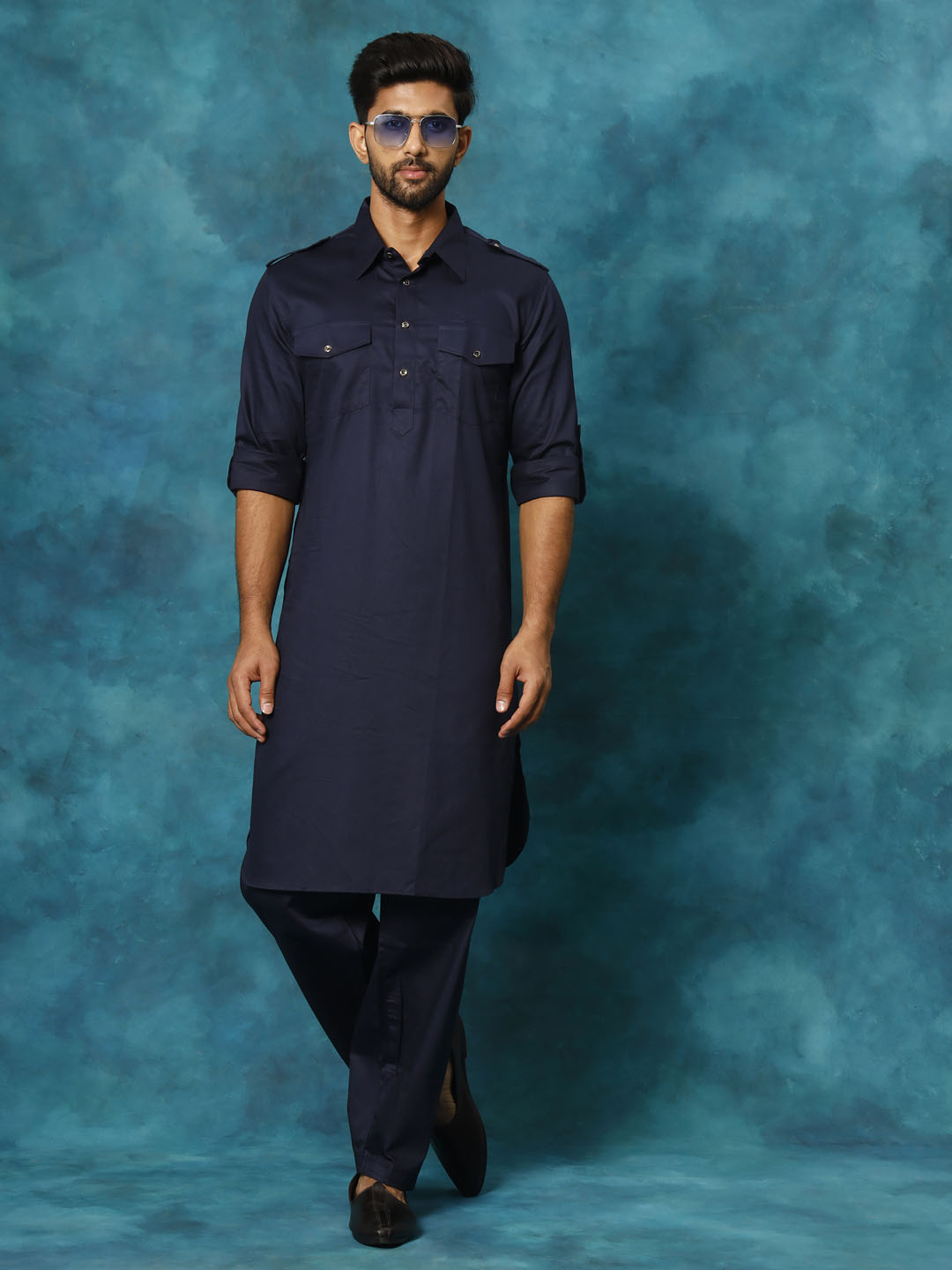 Men's Blue Cotton Blend Pathani Pathani Kurta Set