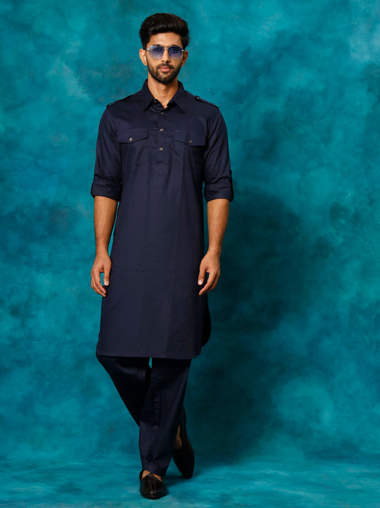 Men's Blue Cotton Blend Pathani Pathani Kurta Set