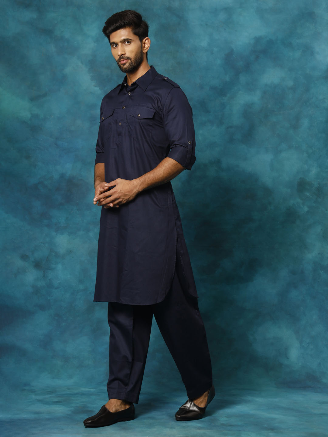 Men's Blue Cotton Blend Pathani Pathani Kurta Set
