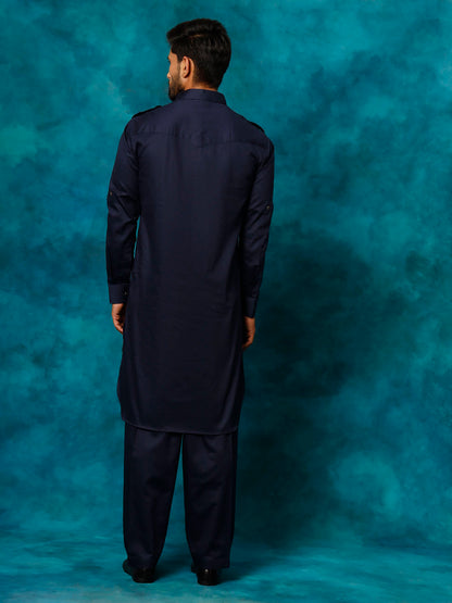 Men's Blue Cotton Blend Pathani Pathani Kurta Set