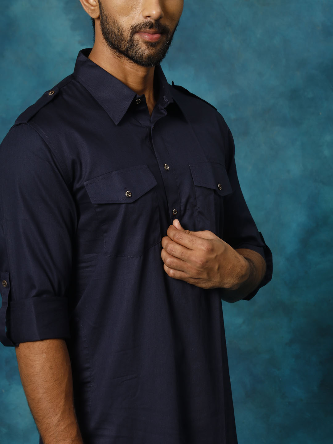 Men's Blue Cotton Blend Pathani Pathani Kurta Set