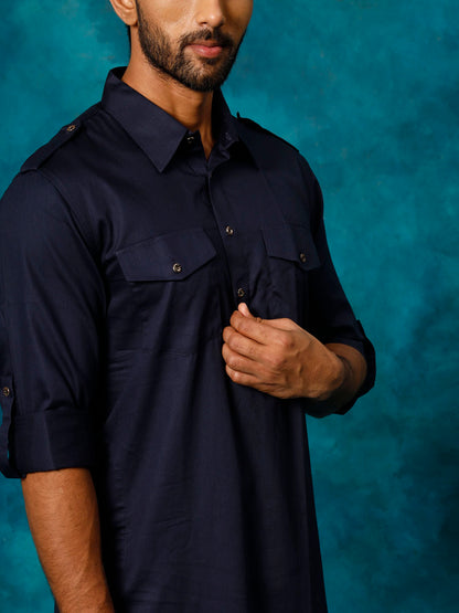 Men's Blue Cotton Blend Pathani Pathani Kurta Set