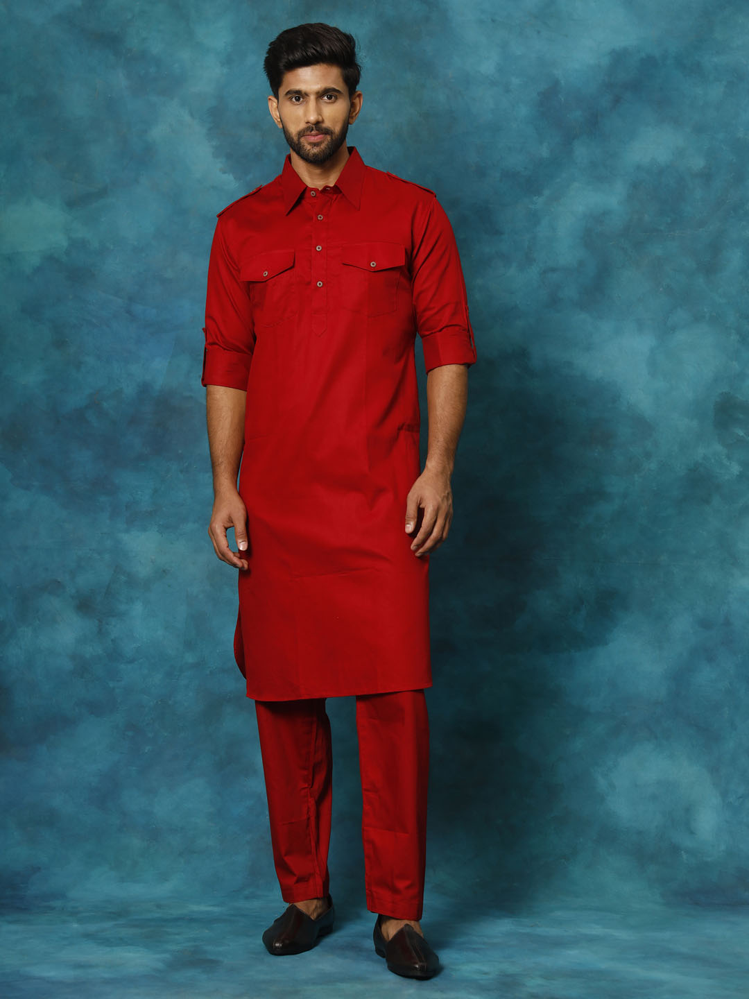 Men's Maroon Cotton Blend Pathani Pathani Kurta Set