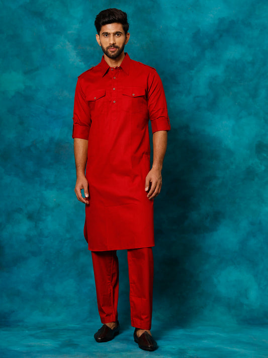 Men's Maroon Cotton Blend Pathani Pathani Kurta Set