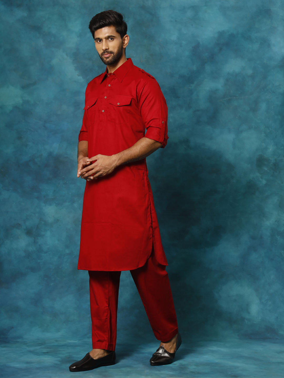 Men's Maroon Cotton Blend Pathani Pathani Kurta Set