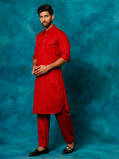 Men's Maroon Cotton Blend Pathani Pathani Kurta Set