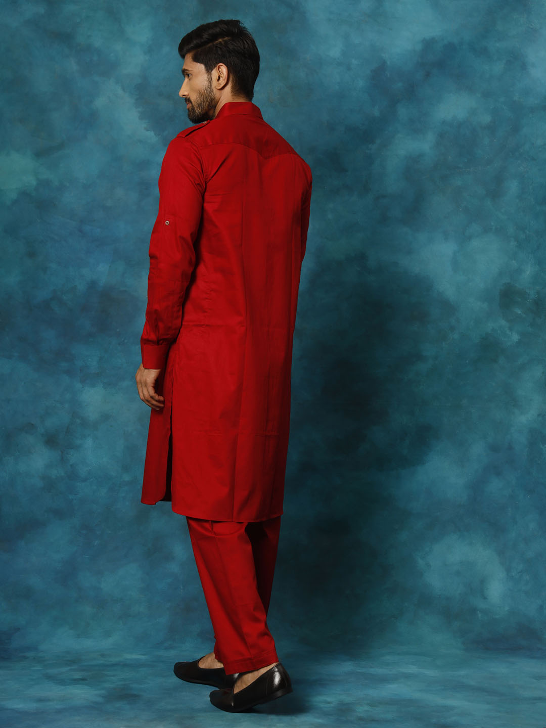 Men's Maroon Cotton Blend Pathani Pathani Kurta Set