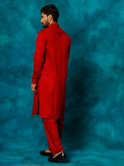 Men's Maroon Cotton Blend Pathani Pathani Kurta Set