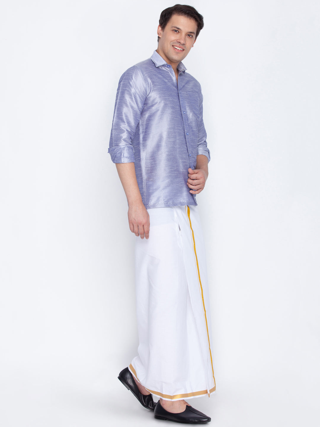 Men's Lavender Silk Blend Straight Shirt And Mundu