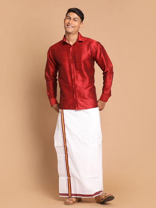 Men's Maroon Silk Blend Straight Shirt And Mundu