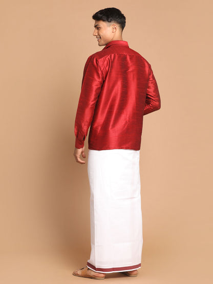 Men's Maroon Silk Blend Straight Shirt And Mundu