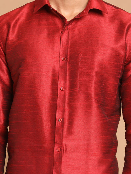 Men's Maroon Silk Blend Straight Shirt And Mundu