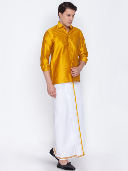 Men's Mustard Silk Blend Straight Shirt And Mundu
