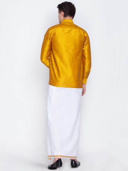 Men's Mustard Silk Blend Straight Shirt And Mundu